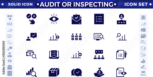 Audit or inspect icons set in solid design. Pack of inspection, hire, calculation money, coaching, protection, cooperation, success, task, and other pictograms, solid icons.
