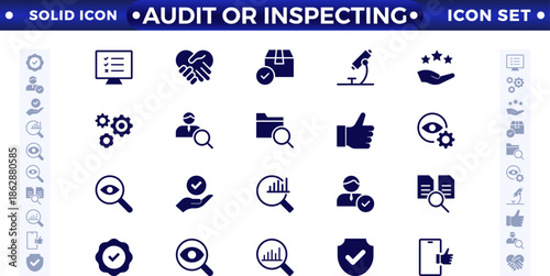 Audit or inspect icons set in solid design. Pack of inspection, hire, calculation money, coaching, protection, cooperation, success, task, and other pictograms, solid icons.