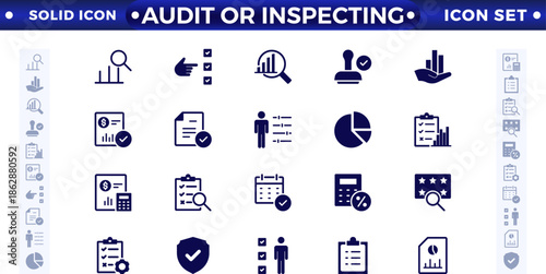 Audit or inspect icons set in solid design. Pack of inspection, hire, calculation money, coaching, protection, cooperation, success, task, and other pictograms, solid icons.