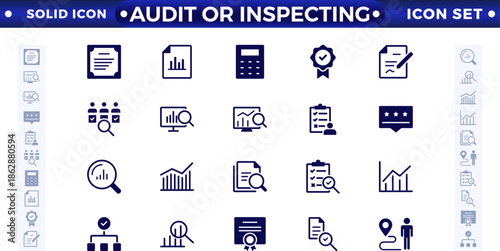 Audit or inspect icons set in solid design. Pack of inspection, hire, calculation money, coaching, protection, cooperation, success, task, and other pictograms, solid icons.