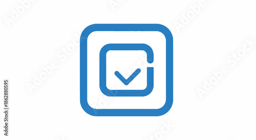 Blue square icon featuring a nested checkmark symbol indicating verification and completion.