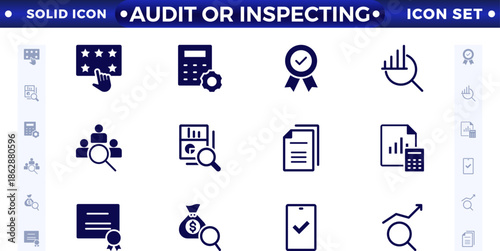 Audit or inspect icons set in solid design. Pack of inspection, hire, calculation money, coaching, protection, cooperation, success, task, and other pictograms, solid icons.
