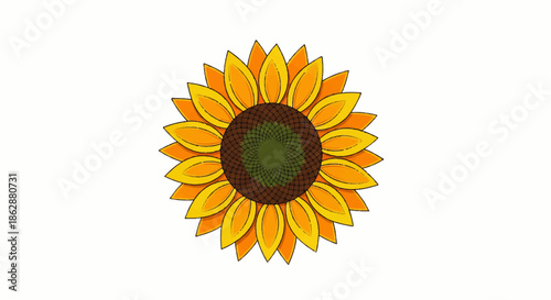 Bright sunflower illustration with vibrant yellow petals, dark center, and green stem in a cheerful garden-inspired composition.