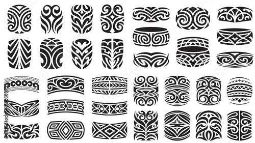 tribal armband tattoo set, collection of 
polynesian-inspired tribal armband designs, flowing ornamental patterns EPS File