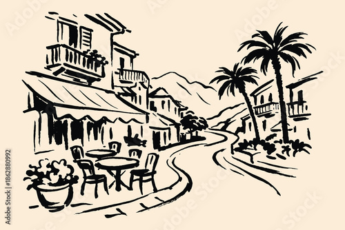 Mediterranean cafe street ink sketch vector illustration