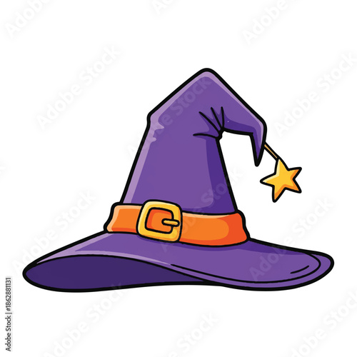 Cartoon Purple Witch Hat with Orange Band and Star Decoration.