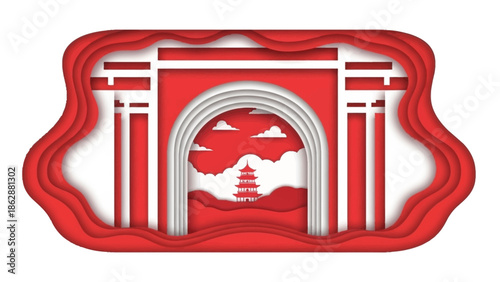 Red Chinese Pagoda Landscape Paper Cutout