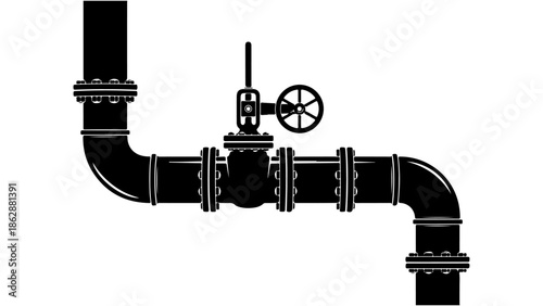 Industrial plumbing system with valves and pipes, vector illustration of a pipeline with connectors and a control valve