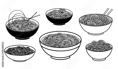 Black and white hand drawn noodle bowl sketch vector collection