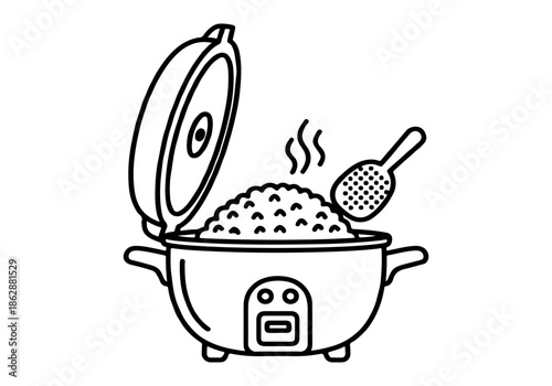 Illustration of a rice cooker with steam rising from freshly cooked rice and a serving spoon