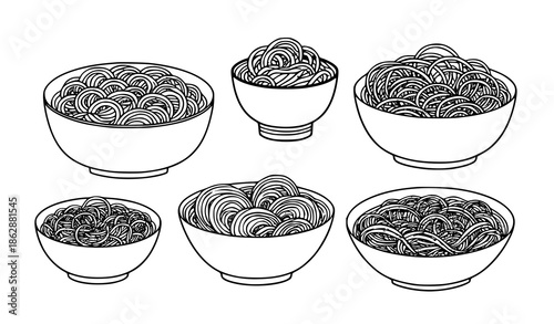 Hand drawn noodle bowls black and white vector illustration isolated on white