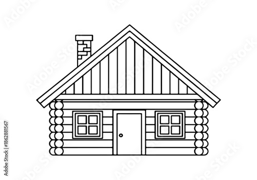 Simple Vector Illustration of a Rustic Log Cabin with Chimney and Windows, Perfect for Country Living Themes