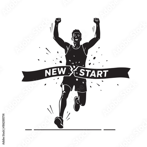 silhouette of runner crossing finish line new start white background
