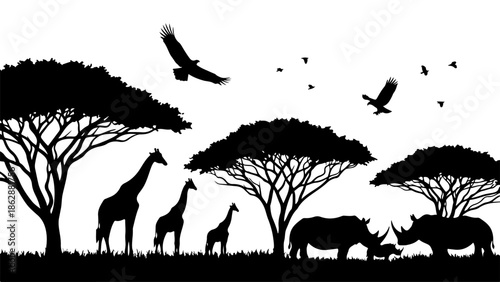 African Wildlife Silhouette Majestic Giraffes, Rhinos, and Birds in a Savanna Landscape