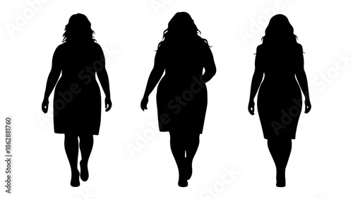 Diverse group of confident plus-size women walking forward, represented as minimalist vector silhouettes, promoting body inclusivity and modern fashion design elements