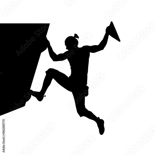 Silhouette of a climber ascending a steep rock face.