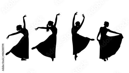 Silhouette collection of a woman in a flowing dress performing various ballet dance poses, showcasing grace and movement on a white background