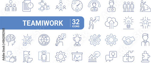 Minimalist thin line icons for business teamwork, featuring corporate collaboration, leadership, strategy, project management, and professional communication for website design.