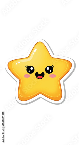 Cheerful yellow star sticker featuring a cute cartoon face with a smiling expression.