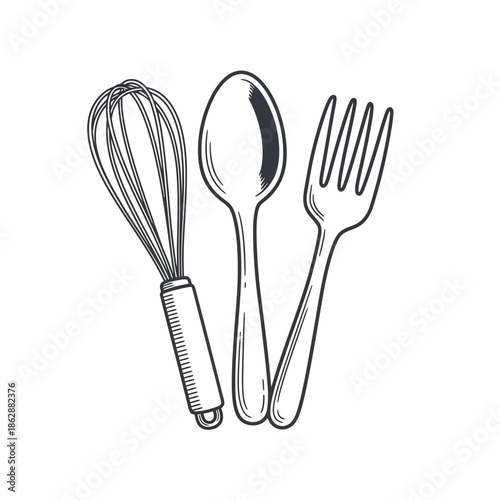 Hand-drawn Kitchen Utensils Set Whisk, Spoon, and Fork for Cooking and Dining