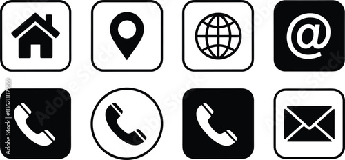 Set of minimalist web and business icons, featuring teamwork collaboration, home navigation, contact symbols, leadership avatars, and professional interface design elements