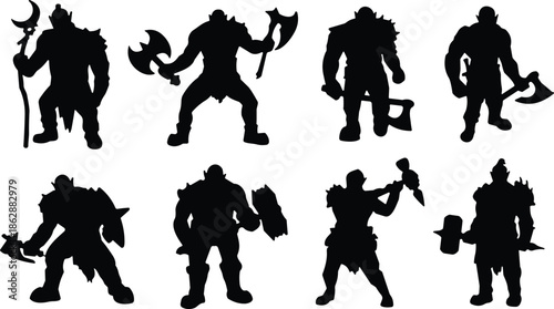 Fantasy orc warrior silhouette collection with axes and weapons, monster characters, role playing game enemies, black and white vector illustration