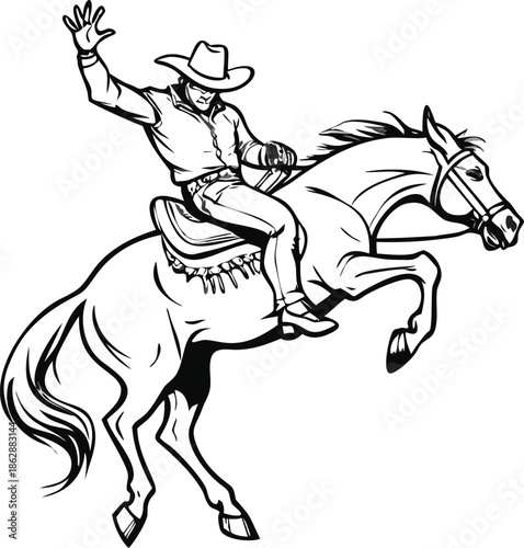 A dynamic black and white illustration of a cowboy riding a rearing