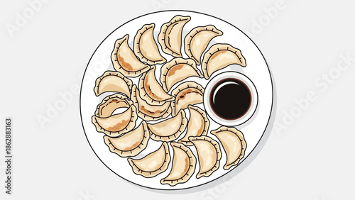 Appetizing Plate of Asian Dumplings with Soy Dipping Sauce, Illustrated Cuisine