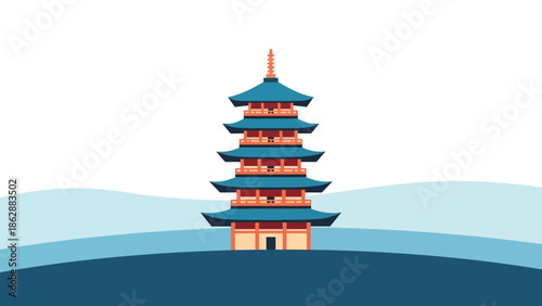 Pagoda architecture on a blue landscape