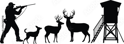 Hunting silhouette scene with hunter aiming rifle, deer family wildlife, forest watchtower, outdoor sport concept, black and white vector illustration