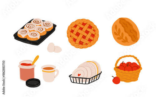 Bakery dessert set illustration, homemade pastries and sweets, cozy kitchen food collection, flat cartoon vector baking elements for cafe menu and packaging
