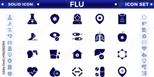 Flu solid icon set. Illness, diseases, sickness, allergy, pain, organs, virus, heart, eye, stomach, lungs, kidney, brain, bones, Symptoms, treatment, and prevention of colds. Virus, fever, sneezing.