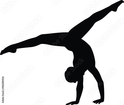 A silhouette of a gymnast performing a challenging handstand pose with strength