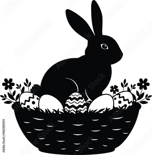 Easter bunny in basket with eggs isolated on white background, Vector, illustration