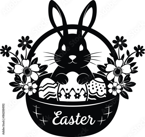 Easter basket with bunny and eggs isolated on white background, Vector, illustration