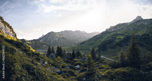 Alpine basin with lush green vegetation at 1,800 m, scattered boulders, gently sloping meadows, and a hazy, nearly white sky in a tranquil mountain landscape.