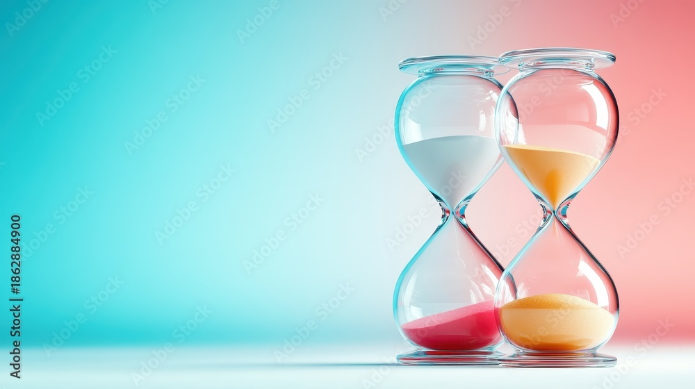 Fototapeta premium Two elegantly crafted hourglasses filled with vibrant sand evoke a sense of passage of time, balance, and the importance of moments in our busy lives.