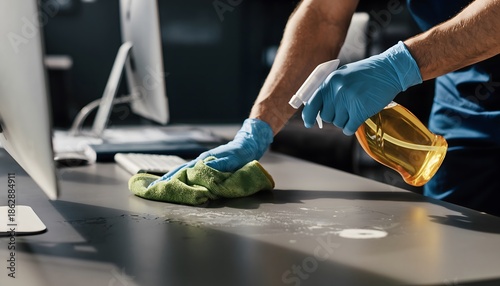 Person in blue gloves cleaning office desk with spray bottle and cloth