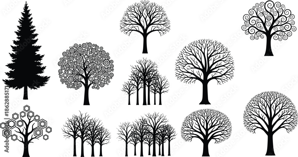 Fototapeta premium Stylized tree silhouettes, artistic forest icons, abstract tree shapes, botanical design elements, nature graphics, black vector trees, flat vector illustration