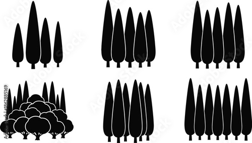 Tree silhouette set, conifer shapes, forest icons, grouped trees, black vector trees, nature design elements, landscape assets, flat vector illustration