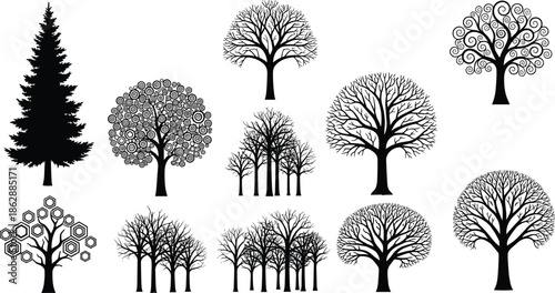 Stylized tree silhouettes, artistic forest icons, abstract tree shapes, botanical design elements, nature graphics, black vector trees, flat vector illustration