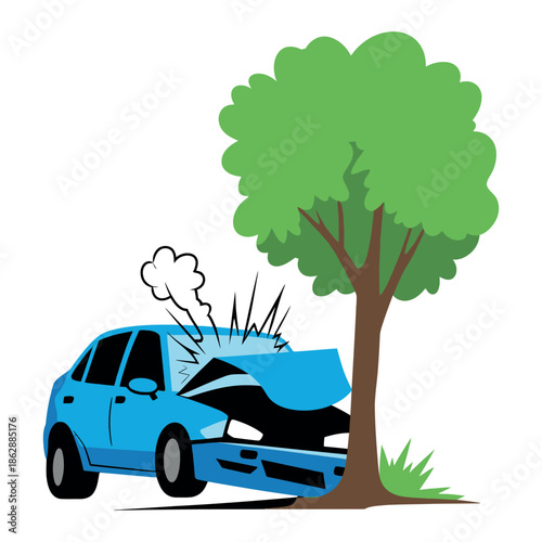 Damaged blue sedan smashes into a large green tree causing smoke and broken glass.