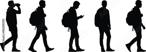 Walking silhouette poses, casual man, drinking, phone use, backpack, standing still, motion study, black figure, flat vector illustration