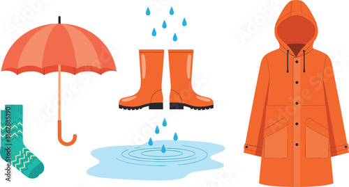 Protective autumn rain gear set including an orange raincoat waterproof boots red umbrella and patterned socks with water puddles for wet weather concepts.