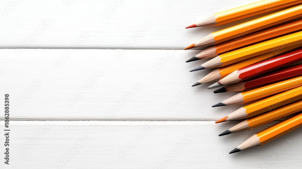 Obraz premium A vibrant collection of colored pencils artfully arranged against a clean white backdrop, representing creativity, inspiration, and artistic expression in a visual format.
