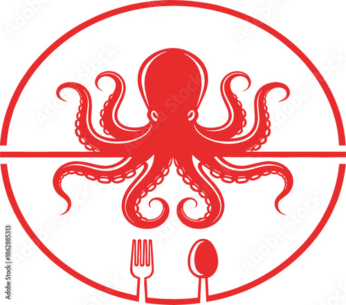 Red octopus seafood restaurant logo featuring a stylized kraken with tentacles inside a circular frame with fork and spoon utensils symbol.