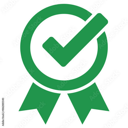 Green checkmark inside a circular badge with ribbons signifies approval or a verified status.