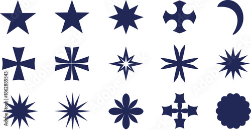 Collection of diverse dark blue geometric shapes and symbols featuring stars sparkles crosses and a crescent moon isolated on white background.