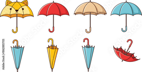 Colorful collection of diverse umbrellas featuring a cute yellow cat design red and blue rain parasols and folded accessories on white background.