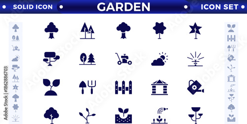 Set of garden solid icons. Growing seedling plant shoots. Agriculture and gardening. Biotechnology plants. Sowing seeds.